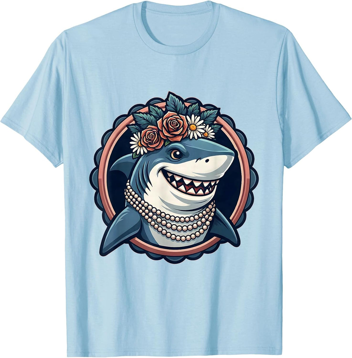 Men's Mommy Shark Floral Crown and Pearl Necklace T-Shirt - Baby Blue