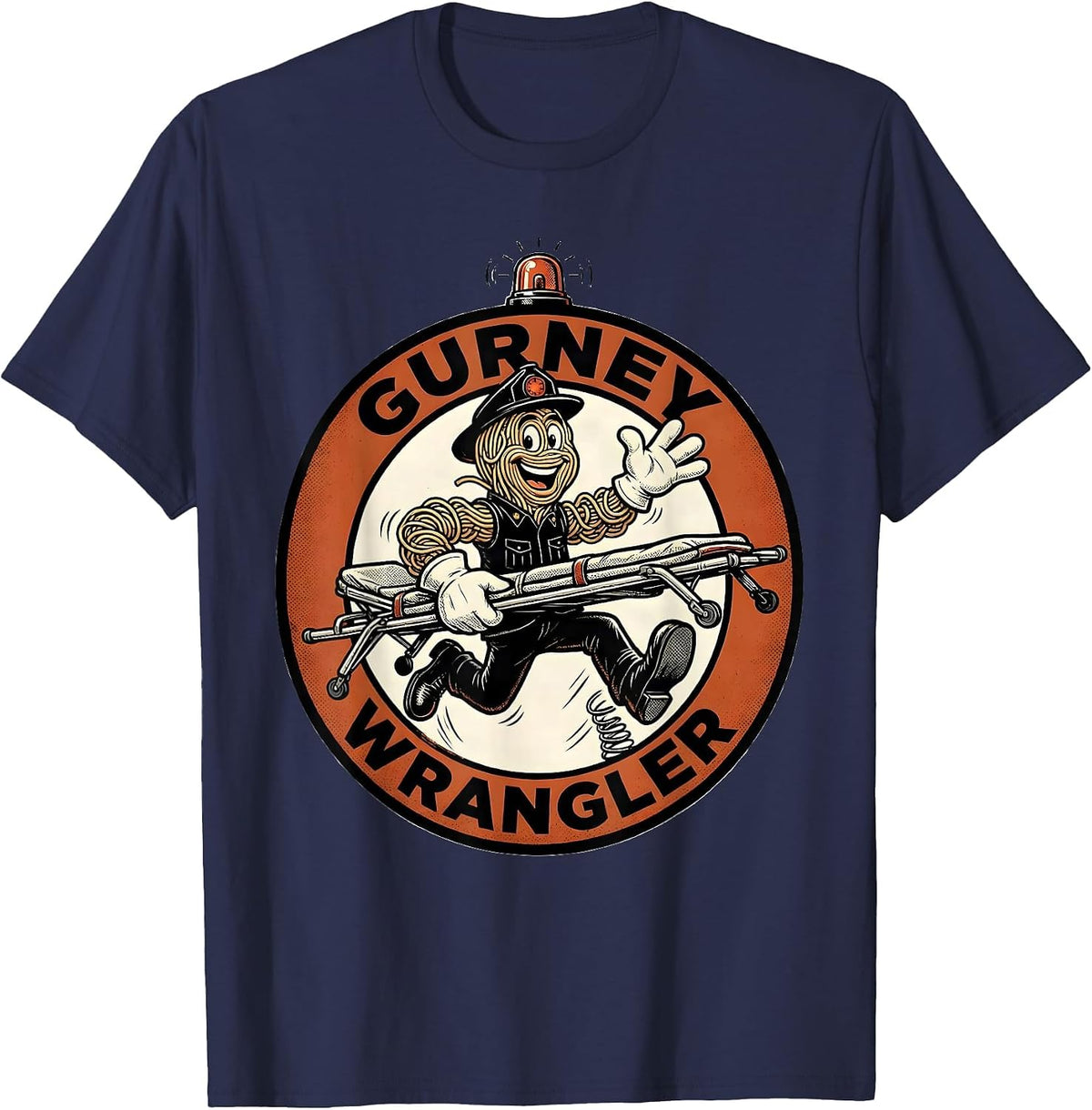 Gurney Wrangler Retro Cartoon Funny EMS Paramedic EMT T-Shirt - Navy Blue