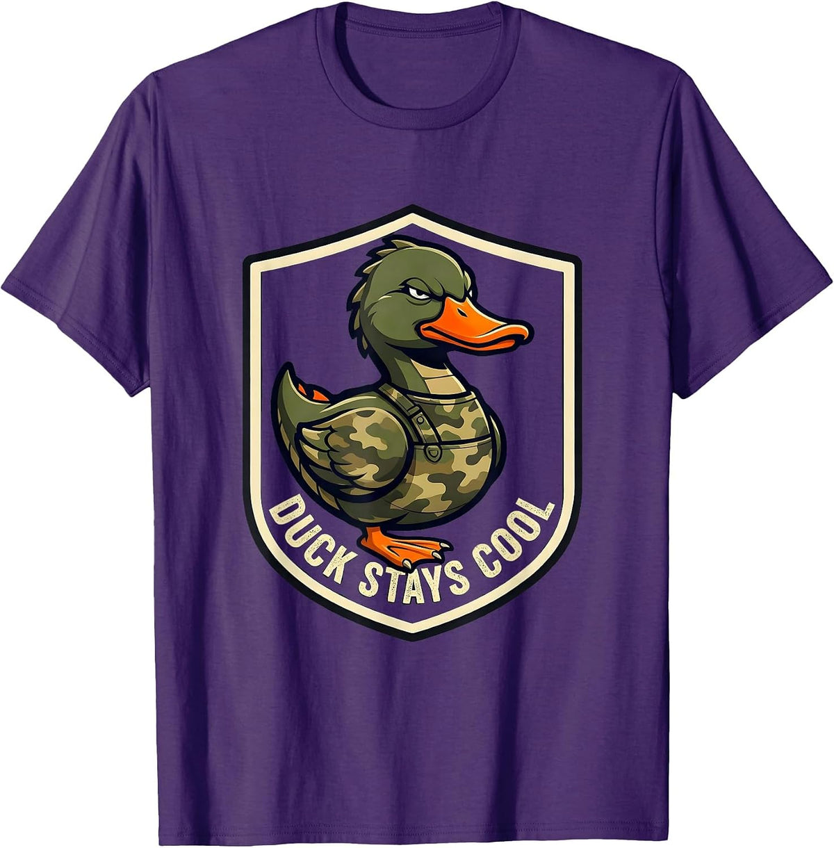 Duck Stays Cool Emblem Funny Hunting Camo Gift T-Shirt - Purple