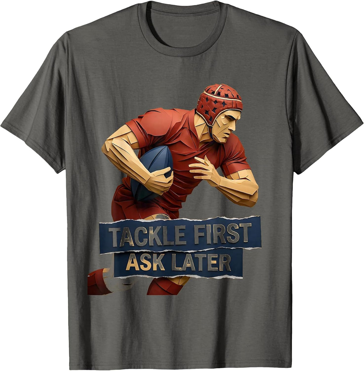 Men's Tackle First Ask Later Rugby Graphic Design T-Shirt - Asphalt Grey