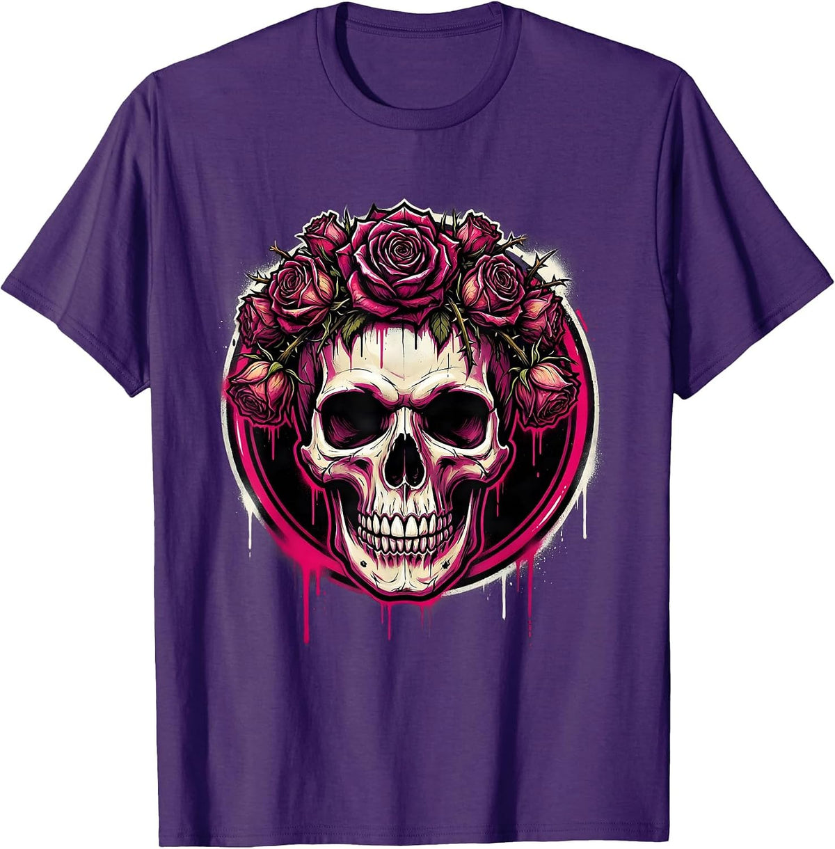 Punk Skull Wilting Roses Gothic Crown Art T-Shirt - Purple