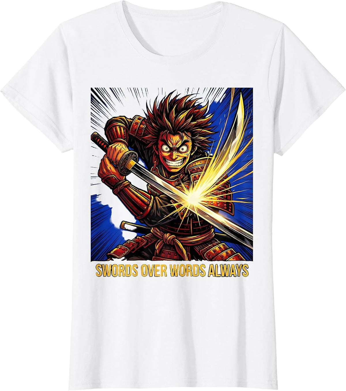 Women's Swords Over Words Always Anime Warrior Design T-Shirt - White