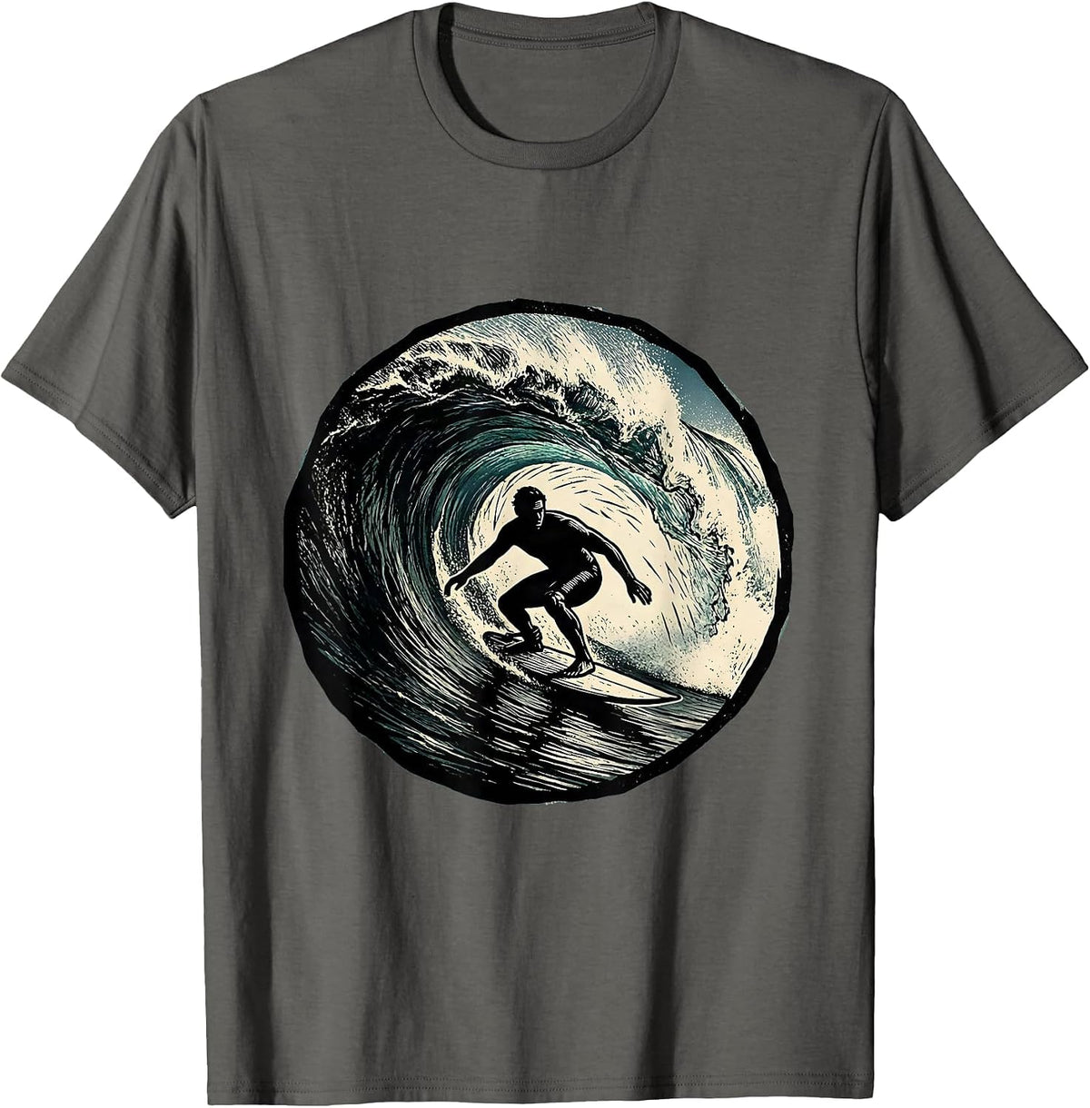 Hawaiian Surfer Riding Massive Curling Wave T-Shirt - Asphalt Grey