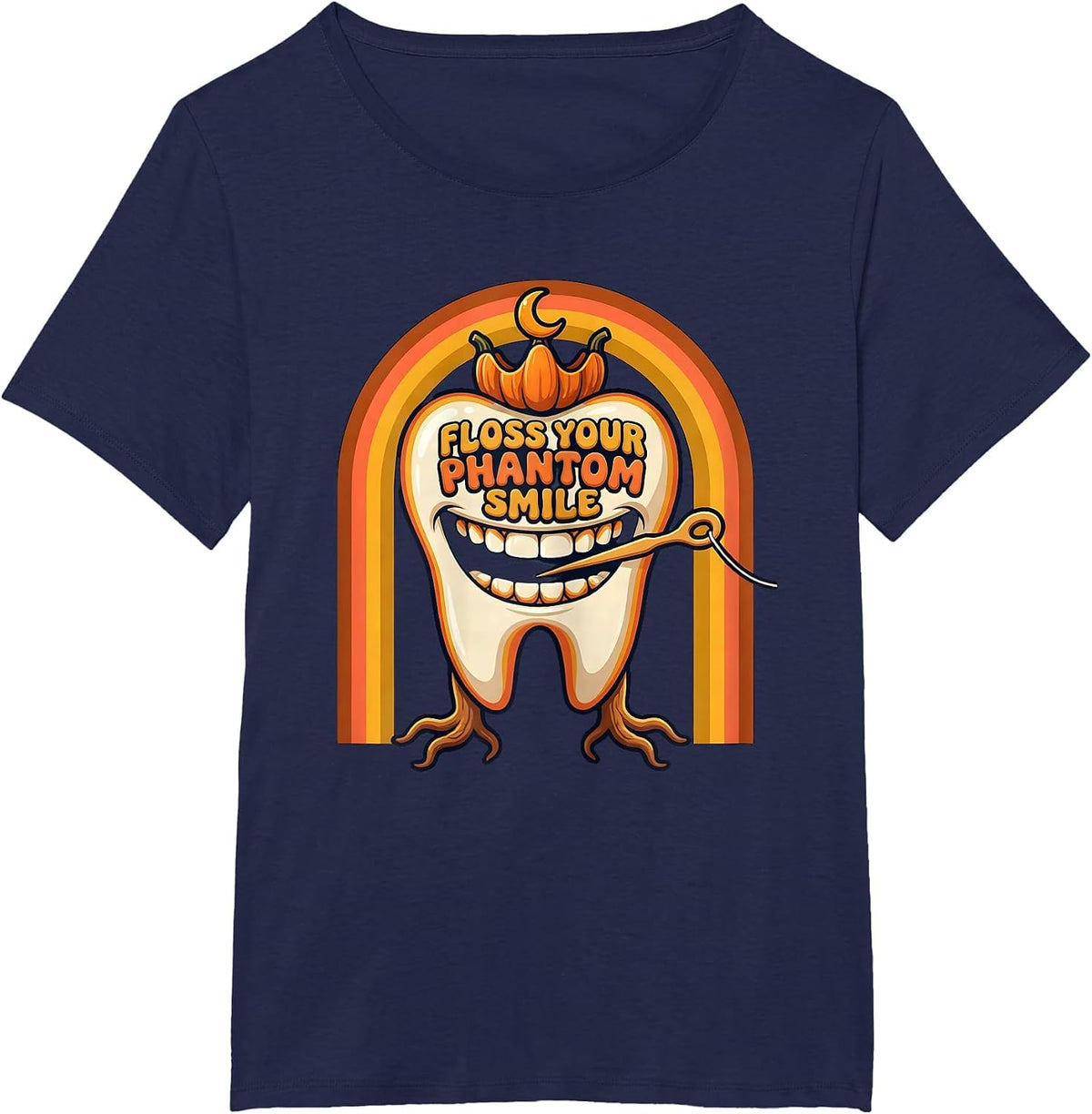 Women's Floss Your Phantom Smile Retro 70s Halloween Dentist Dental T-Shirt - Navy Blue
