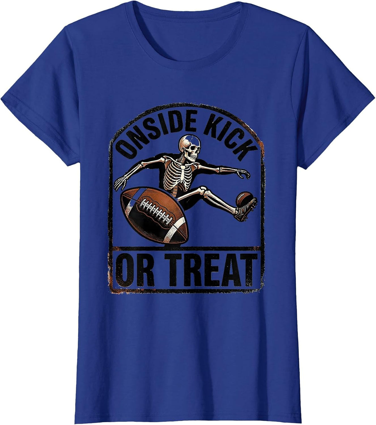 Women's Onside Kick Or Treat Rubber Stamp Skeleton Football T-Shirt - Royal Blue