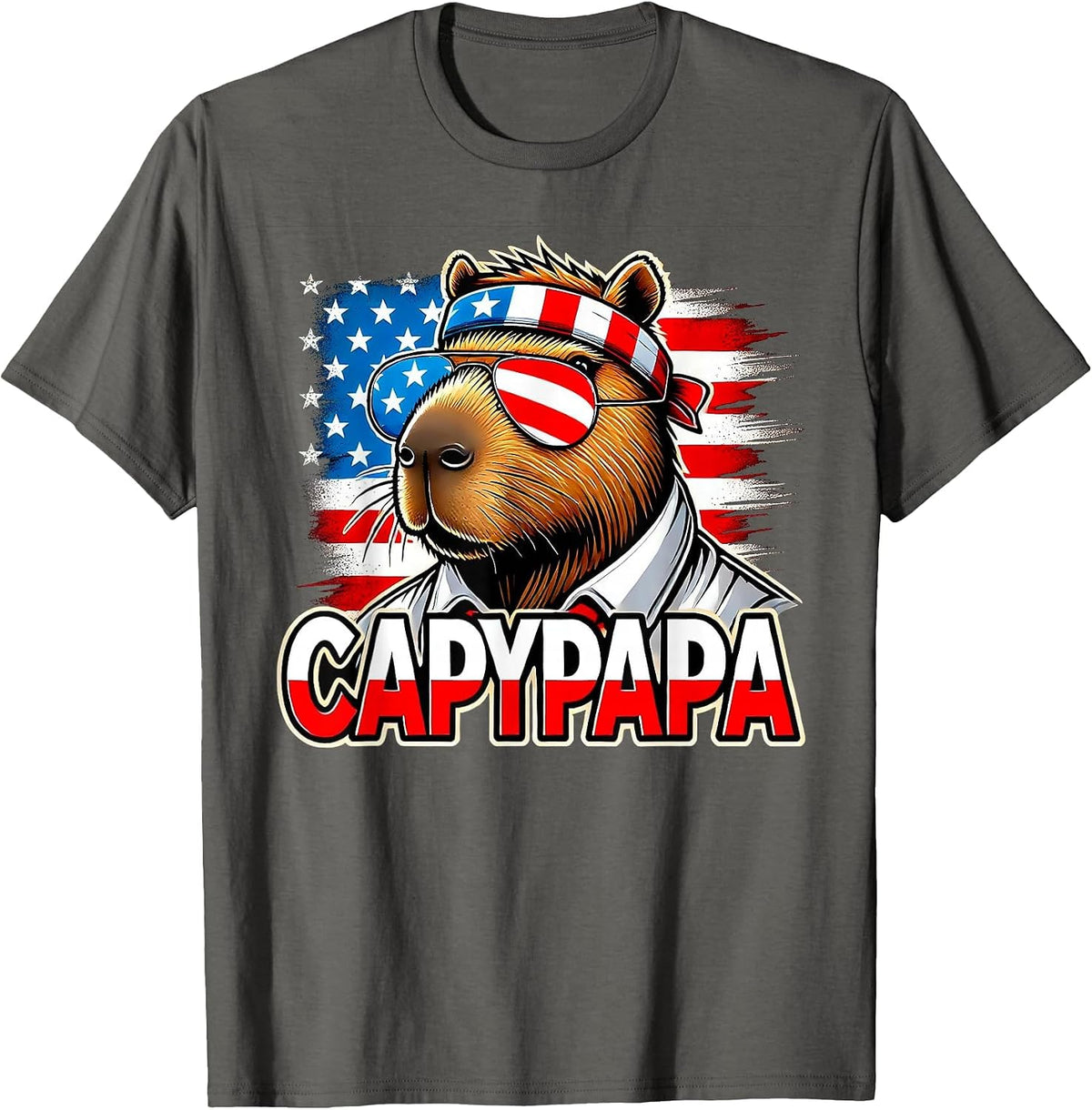 Capybara Papa - CapyPapa - 4th of July American Flag Rodent T-Shirt - Asphalt Grey