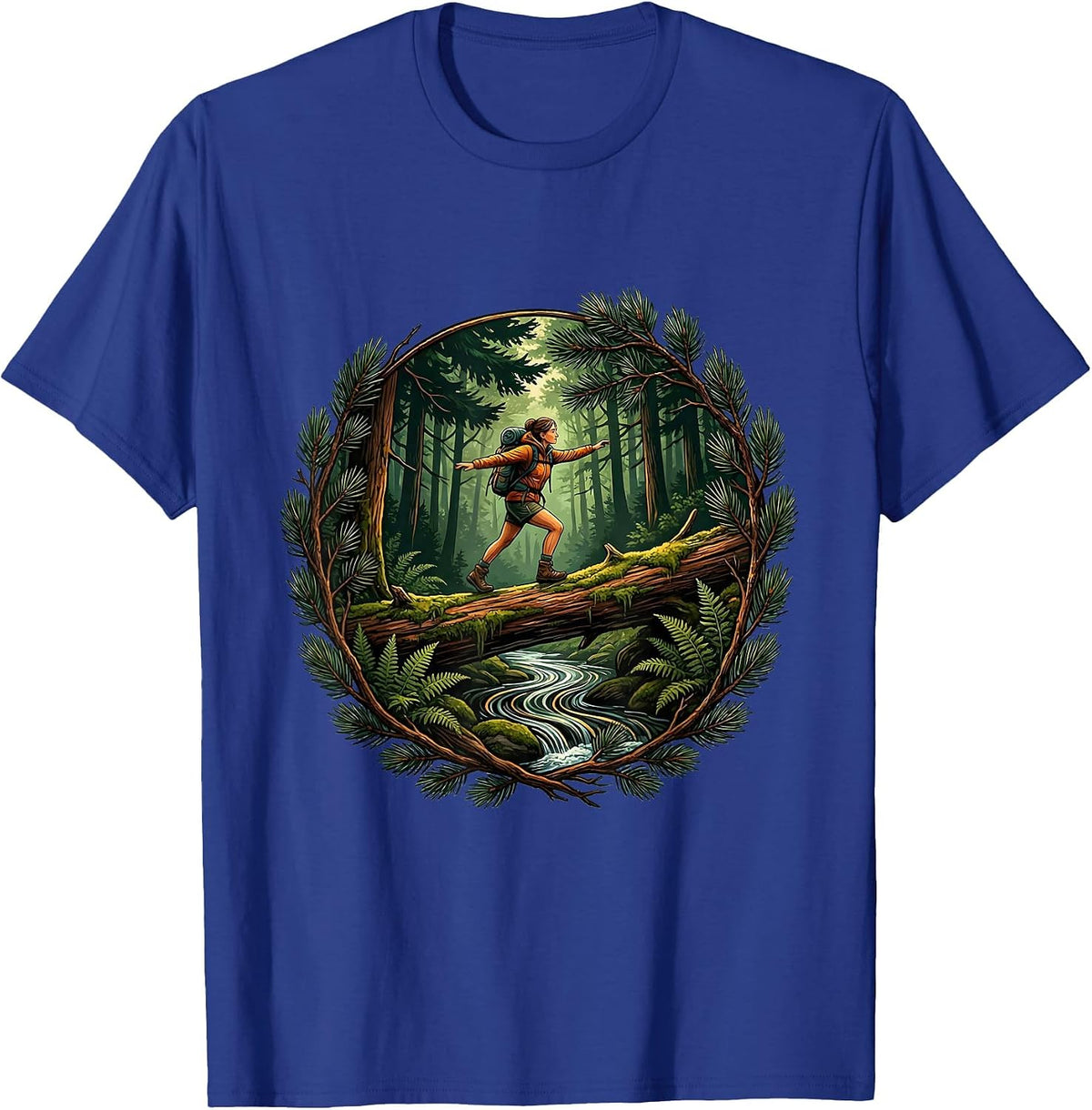 Hiker Crossing Mossy Log Bridge Outdoor Art T-Shirt - Royal Blue