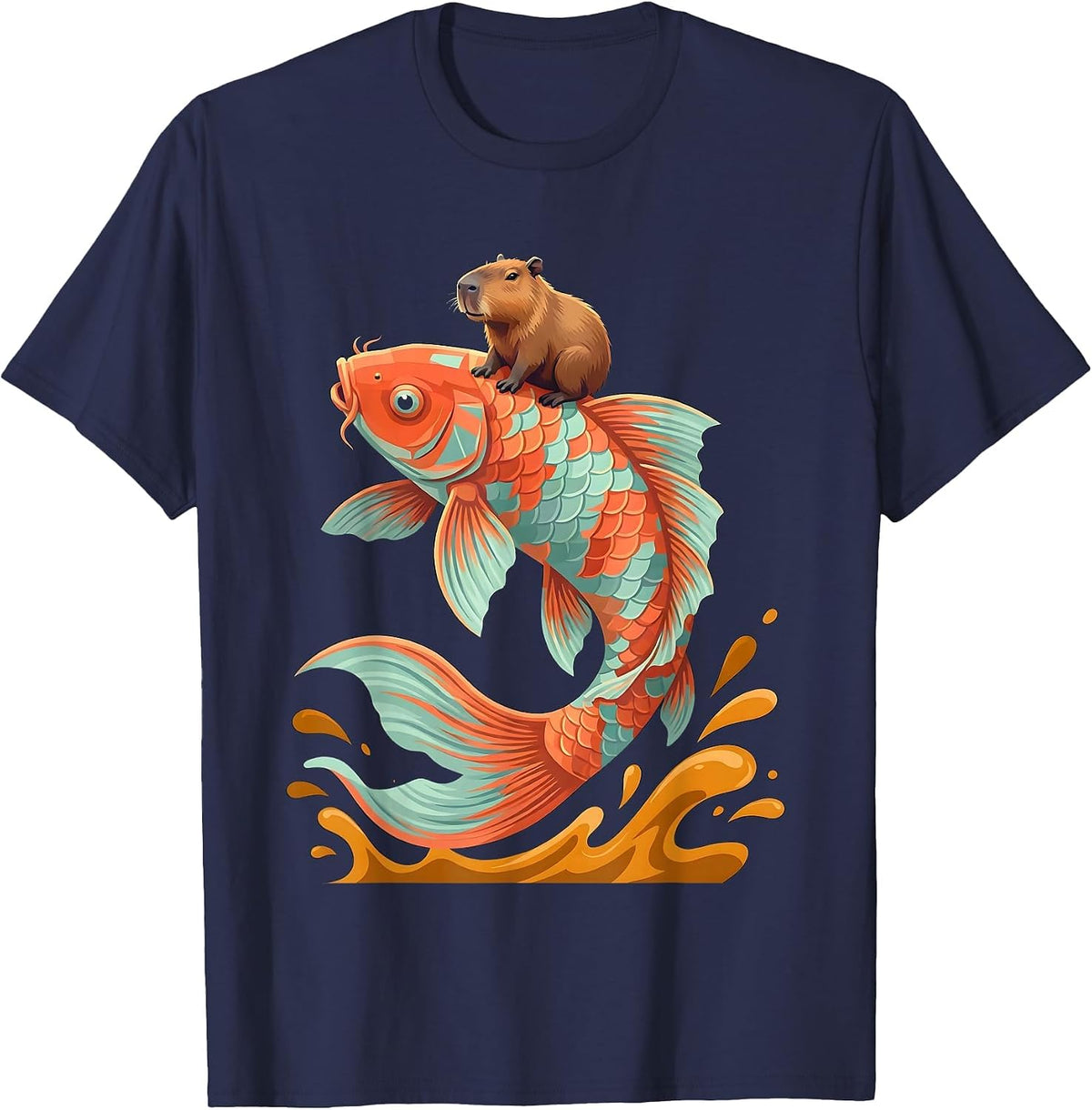 Capybara Riding Giant Koi Fish Graphic T-Shirt - Navy Blue