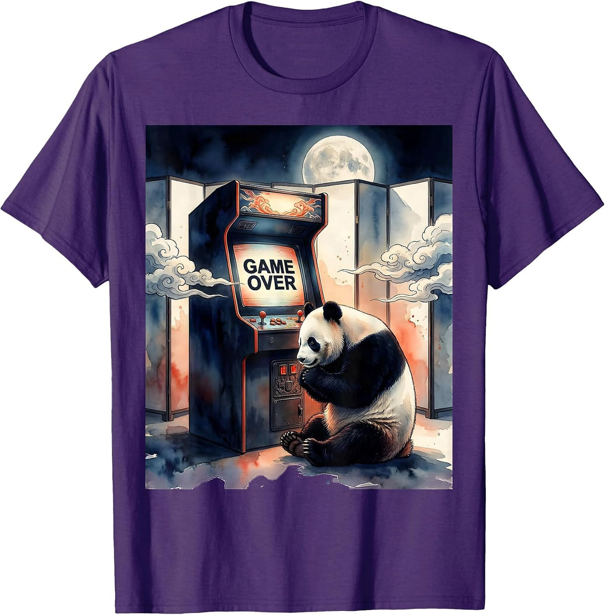 Game Over Watercolor Panda Gaming Humor Ukiyo-e Frog Novelty T-Shirt - Purple