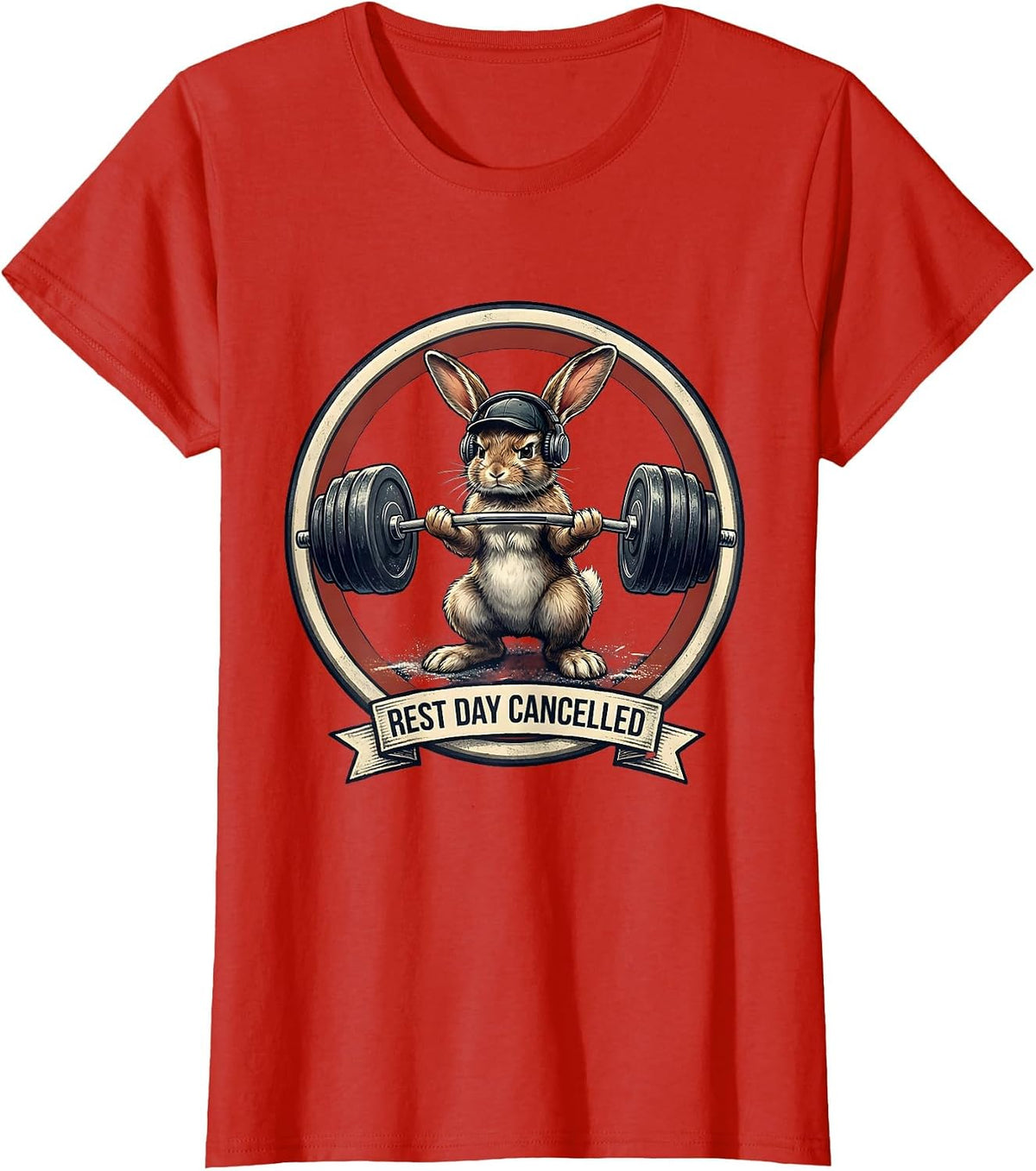 Women's Rest Day Cancelled Funny Gym Cat Weightlifting Meme T-Shirt - Red