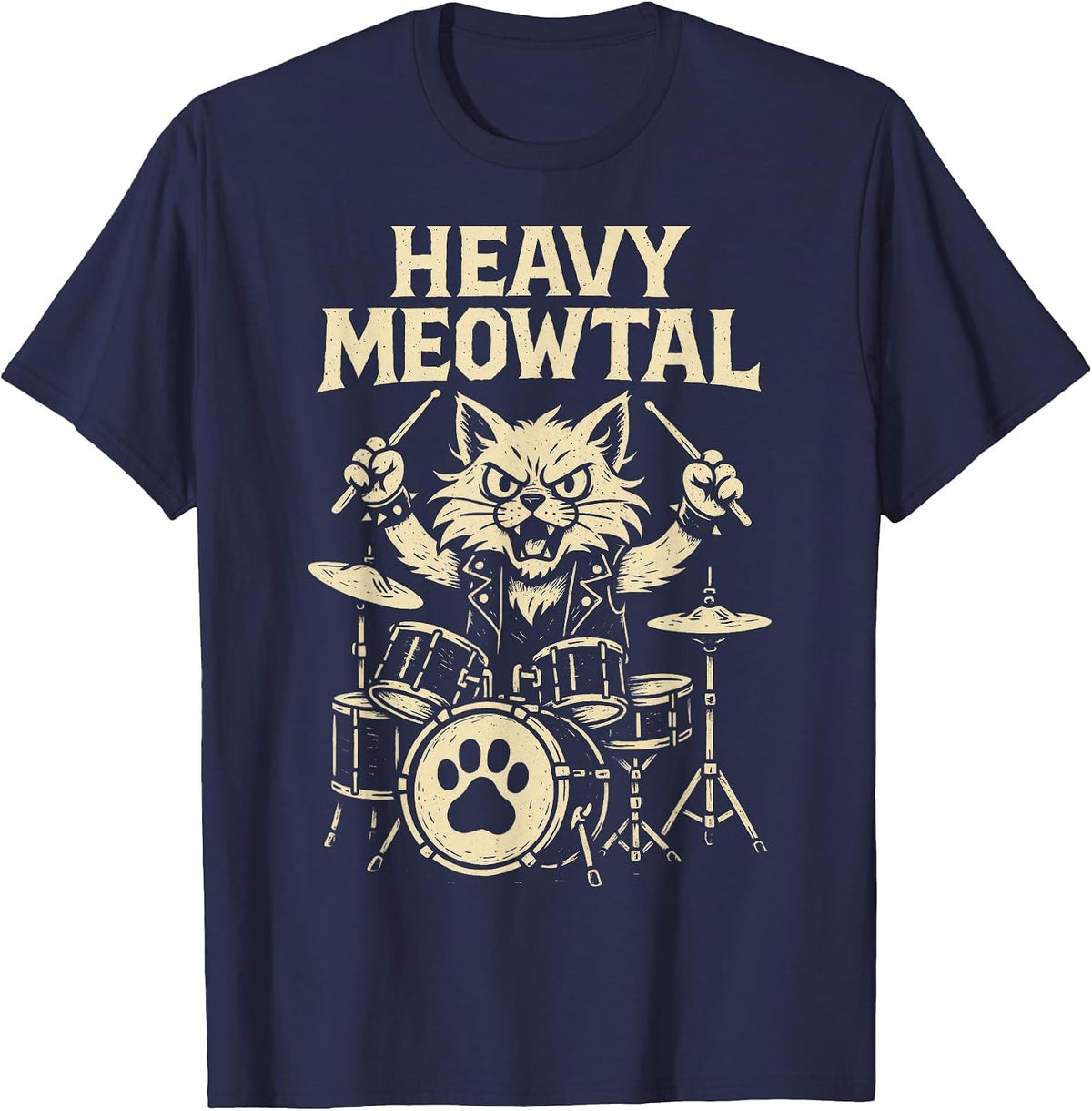 Heavy MEOWTAL - Cat Drummer Rock Music T-Shirt - Navy Blue
