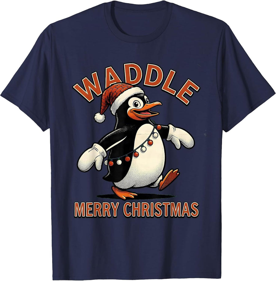 Waddle Merry Christmas Retro Cartoon Penguin Santa Hat T-Shirt - Navy Blue