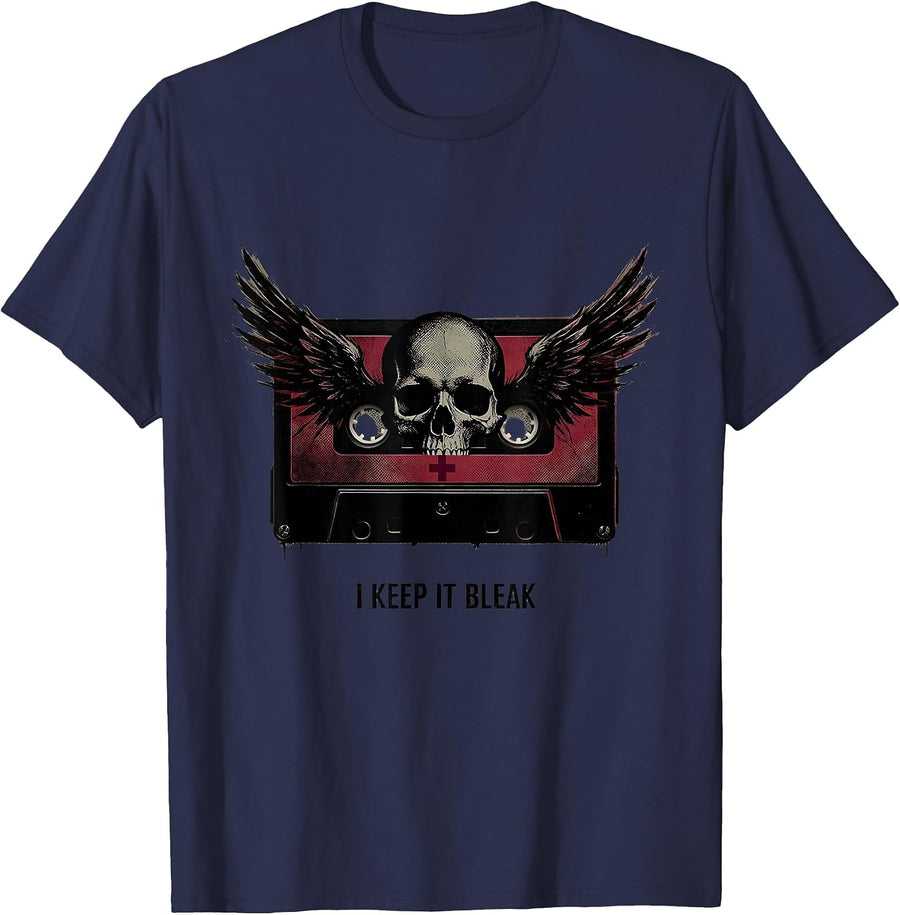 I Keep It Bleak Distressed Gothic Skull Alt-Aesthetic Emo T-Shirt - Navy Blue