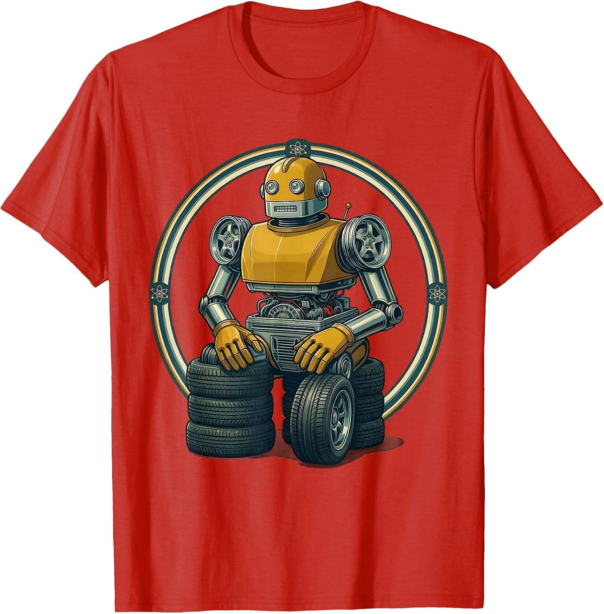 Men's Car Parts Robot Mechanic Graphic Tee T-Shirt - Red