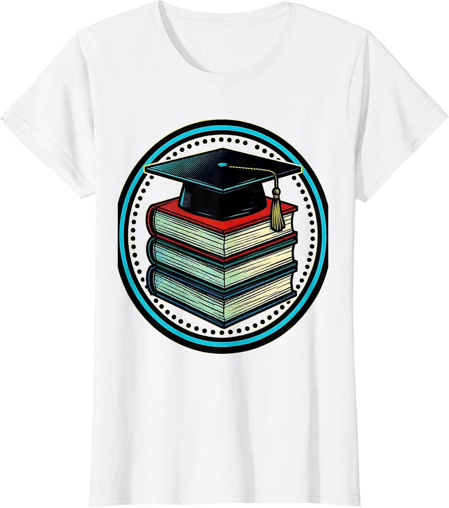 Women's Math Teacher Graduation Cap Stacked Books Graphic T-Shirt - White