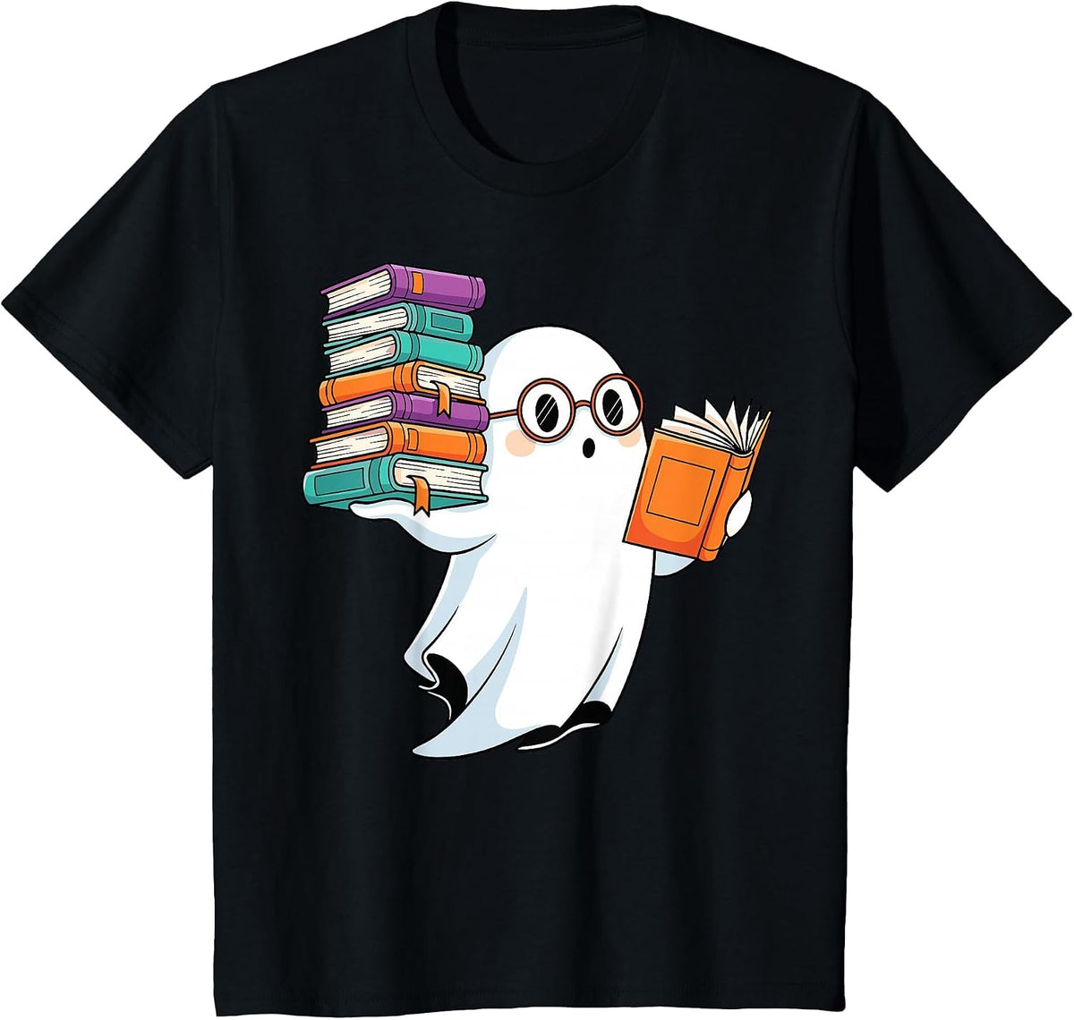 Ghost Reading Books Halloween Library T-Shirt - Black