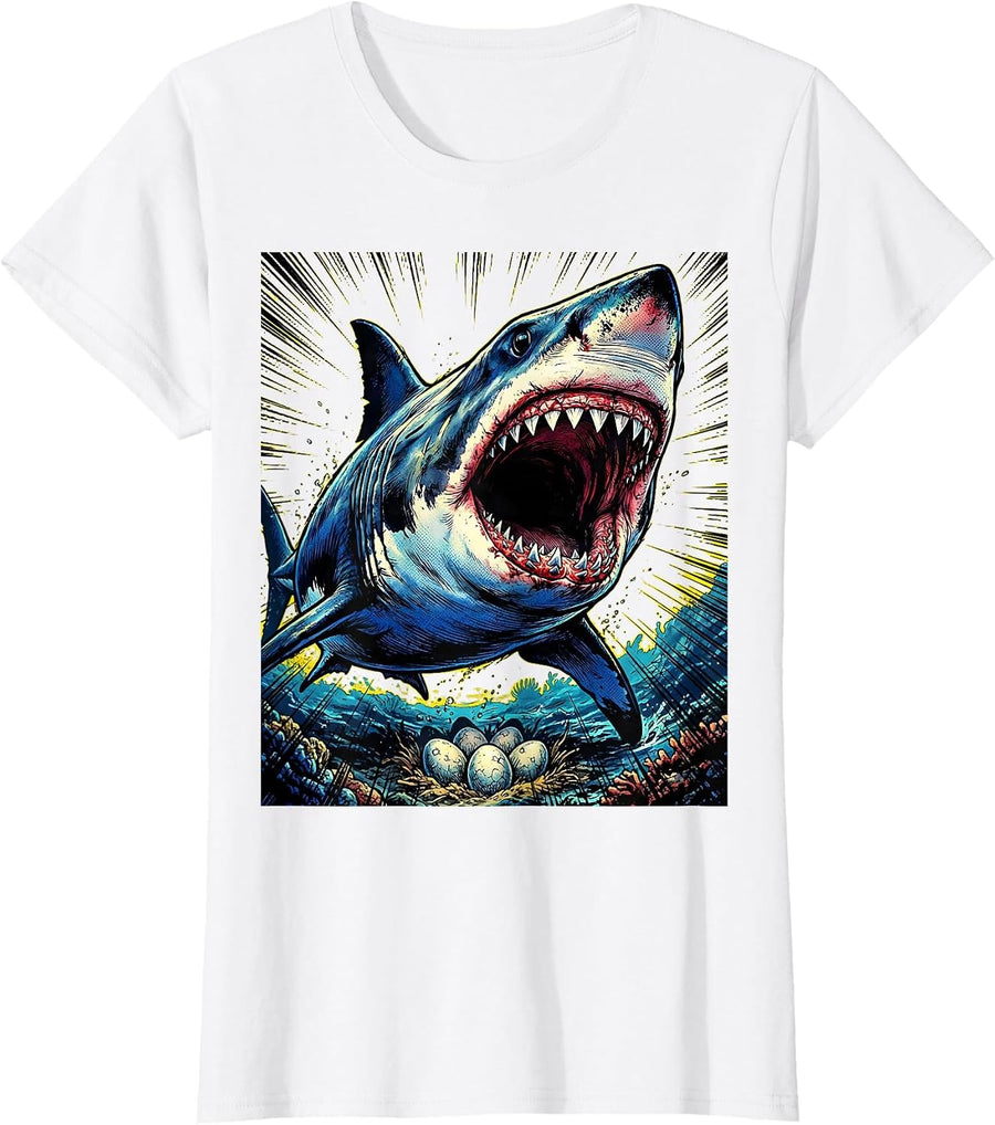 Women's Mama Shark Roaring Over Nest Protective Design T-Shirt - White