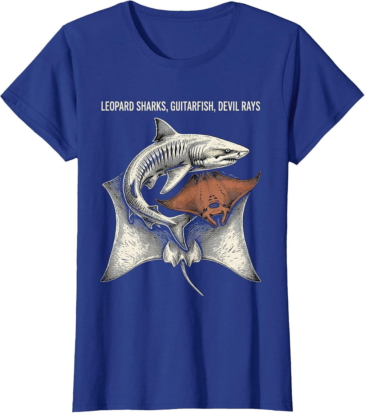 Women's Leopard Sharks, Guitarfish, Devil Rays Funny Shark Lover T-Shirt - Royal Blue