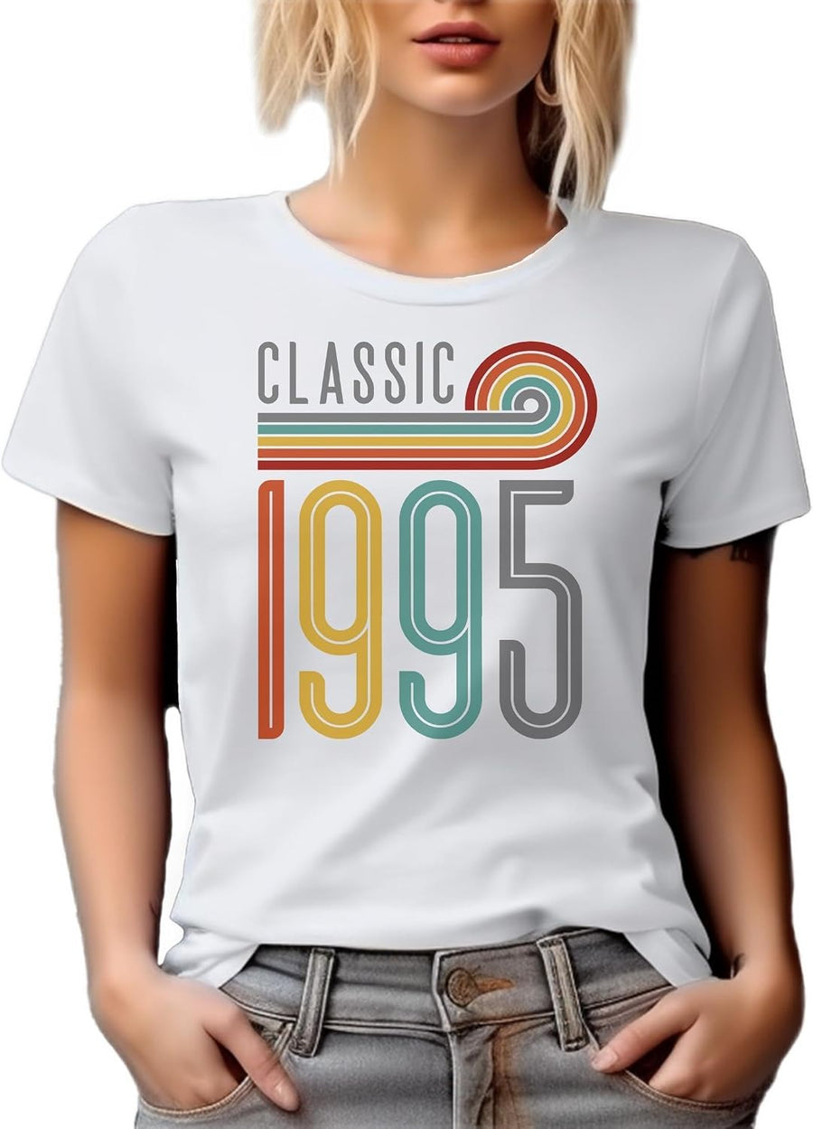 Vintage Classic 1995 feat. Rainbow Stripes, Birthday Graphic Tshirt - White