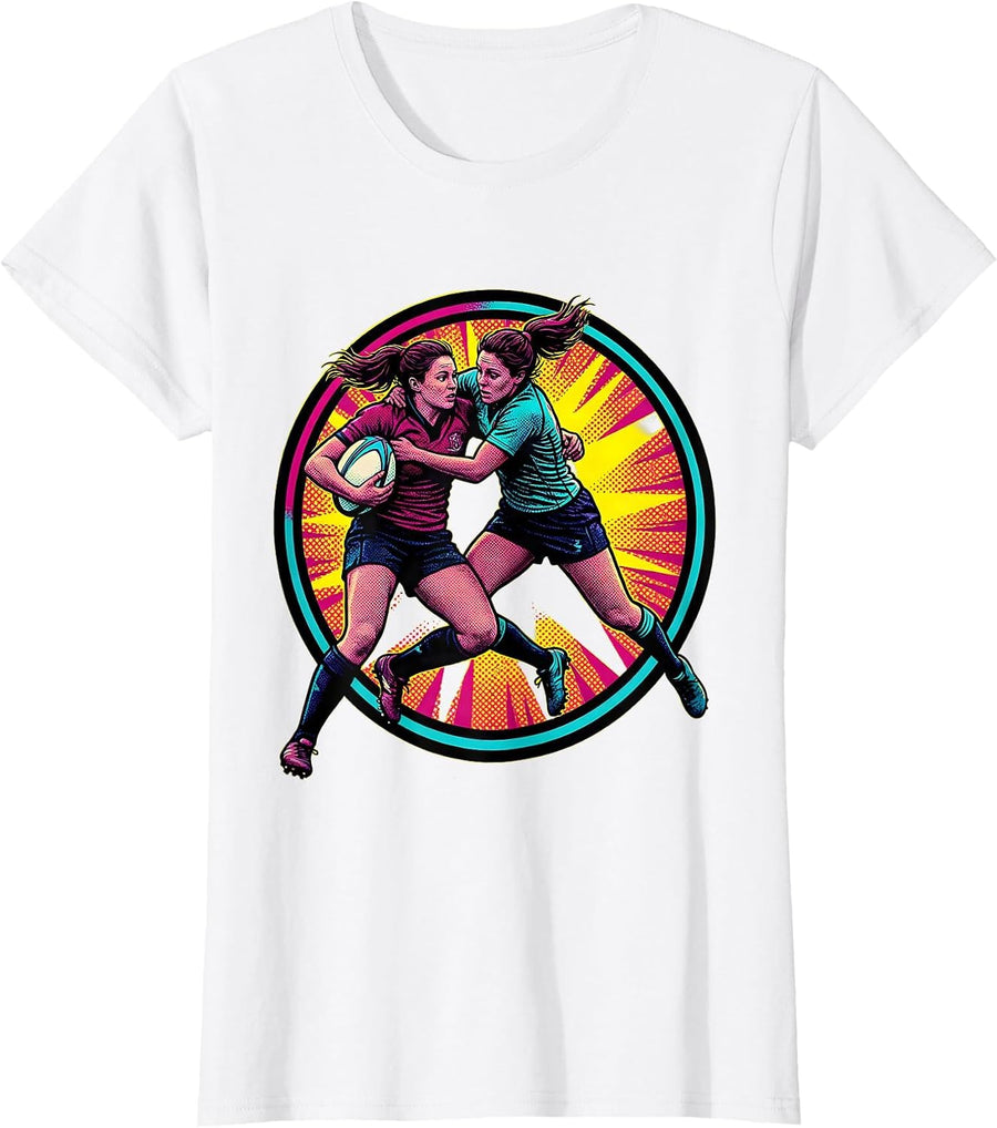 Women's Fierce Rugby Tackler Mid-Air Collision Graphic T-Shirt - White