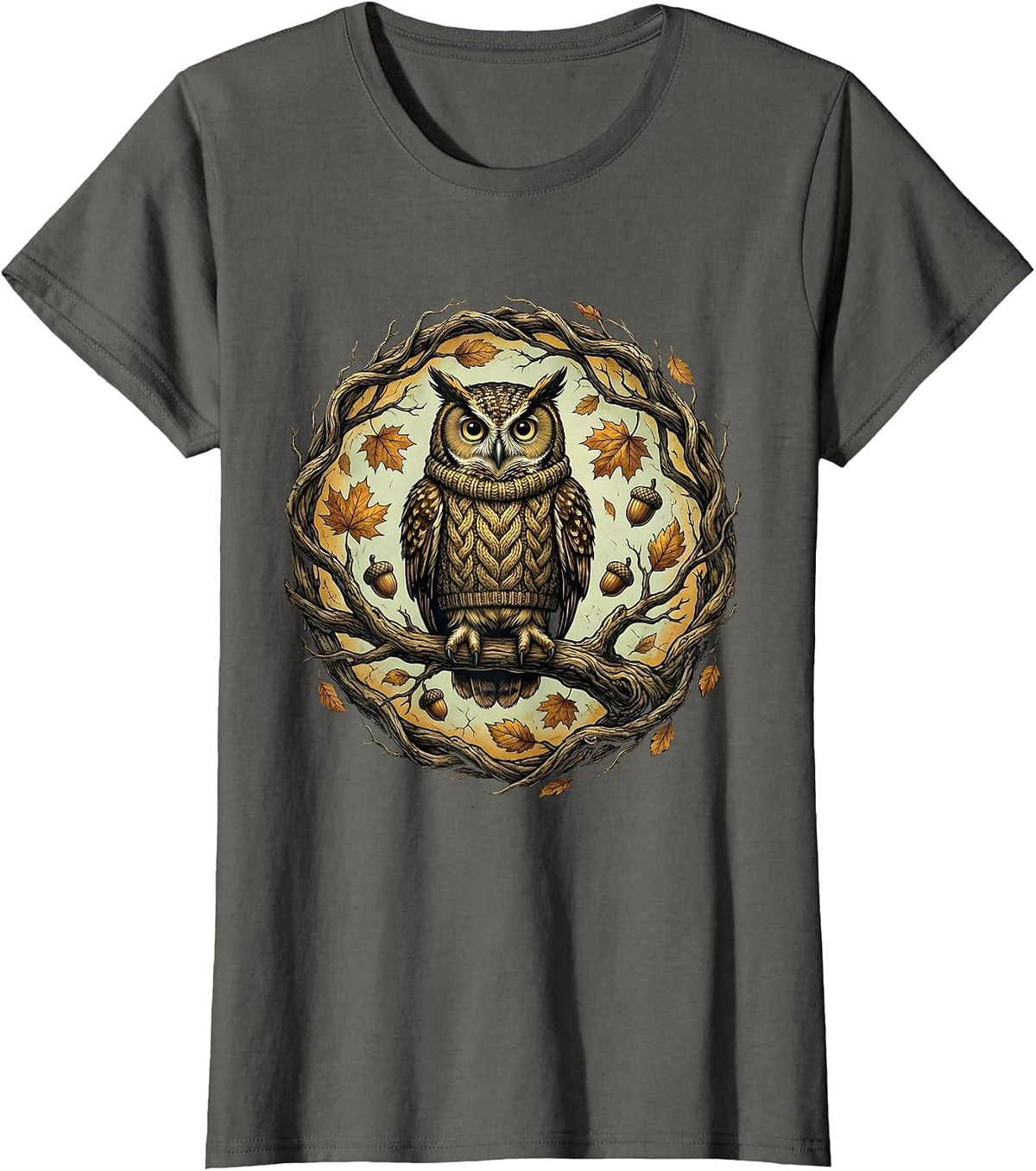Women's Fall Owl on Branch Autumn Knitted Sweater Design T-Shirt - Asphalt Grey