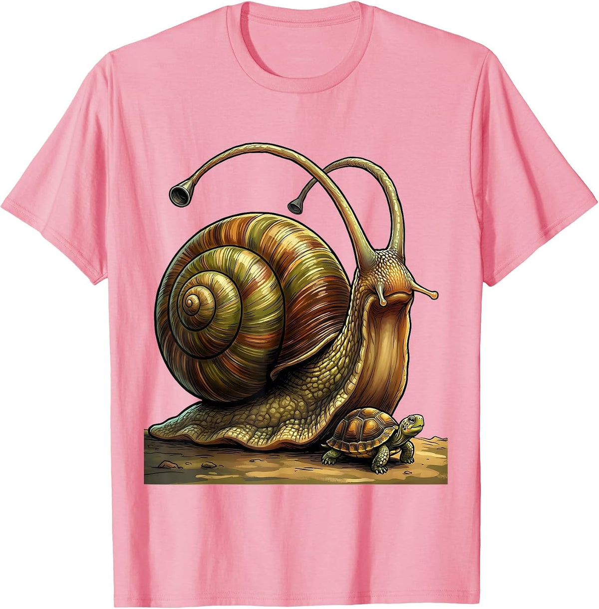 Men's Giant Snail Tiny Turtle Big Little Funny Graphic T-Shirt - Pink