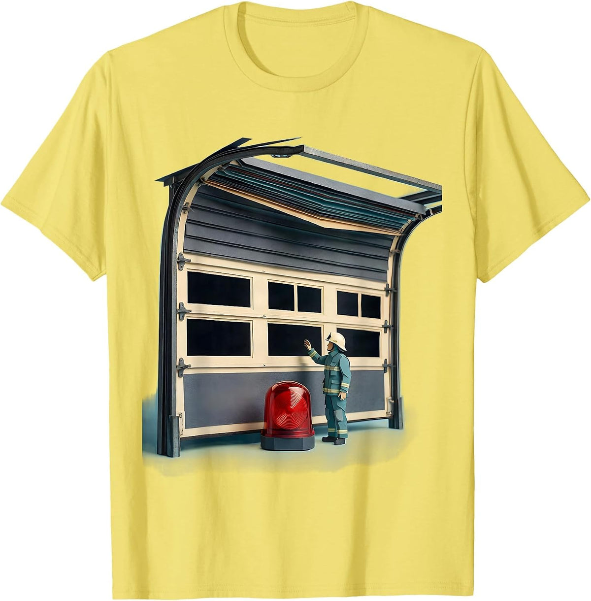 Men's Oversized Garage Door Firefighter Humor Novelty Gift T-Shirt - Lemon Yellow