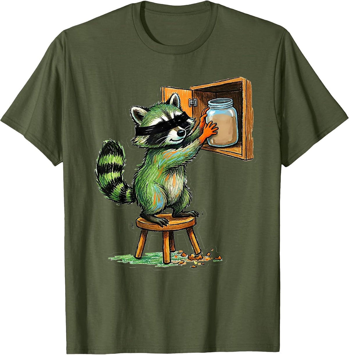 Men's Wobbly Raccoon Naive Kidcore Funny Trash Panda Snack T-Shirt - Olive Green