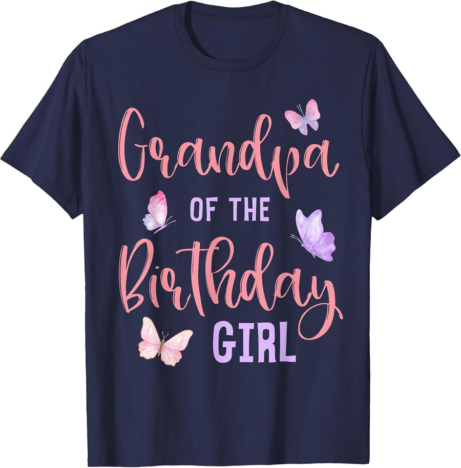 Grandpa of The Birthday Girl Butterfly Party Matching Family T-Shirt - Navy Blue