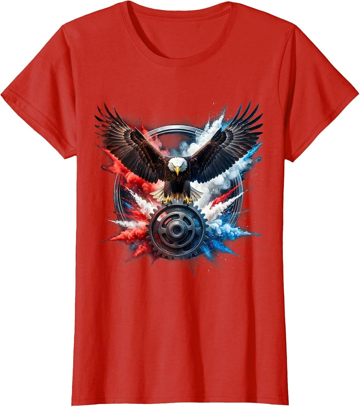Bald Eagle Clutching Gear Cog Patriotic Design T-Shirt - Red