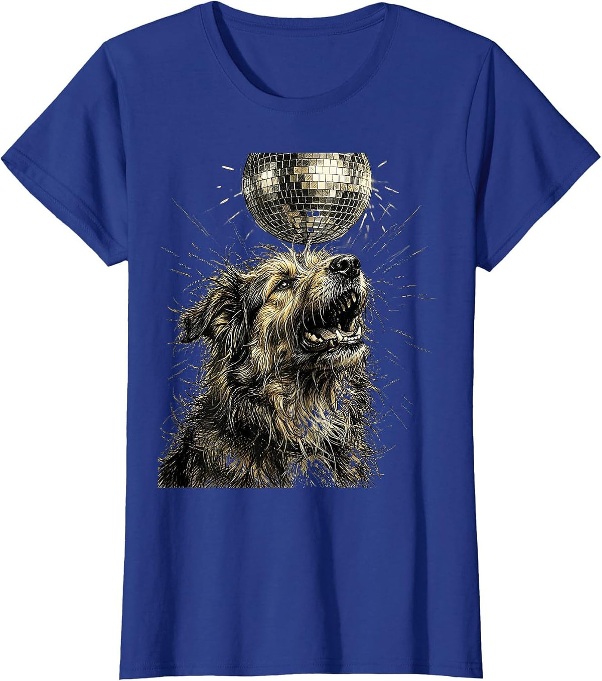 Women's Crazy Dog Howling at Disco Ball Graphic T-Shirt - Royal Blue