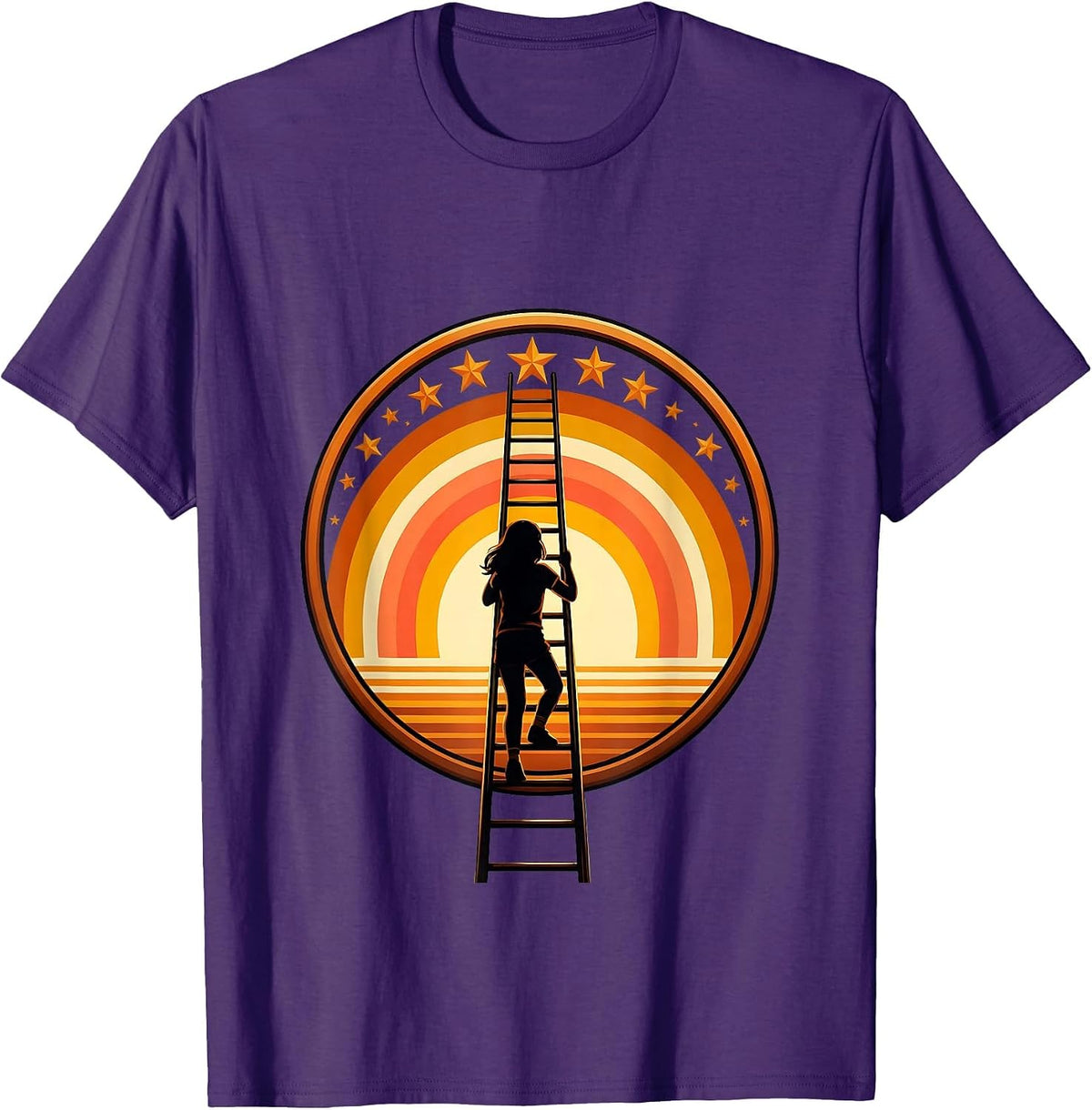 Girl Climbing Ladder Into Starry Sky Illustration T-Shirt - Purple