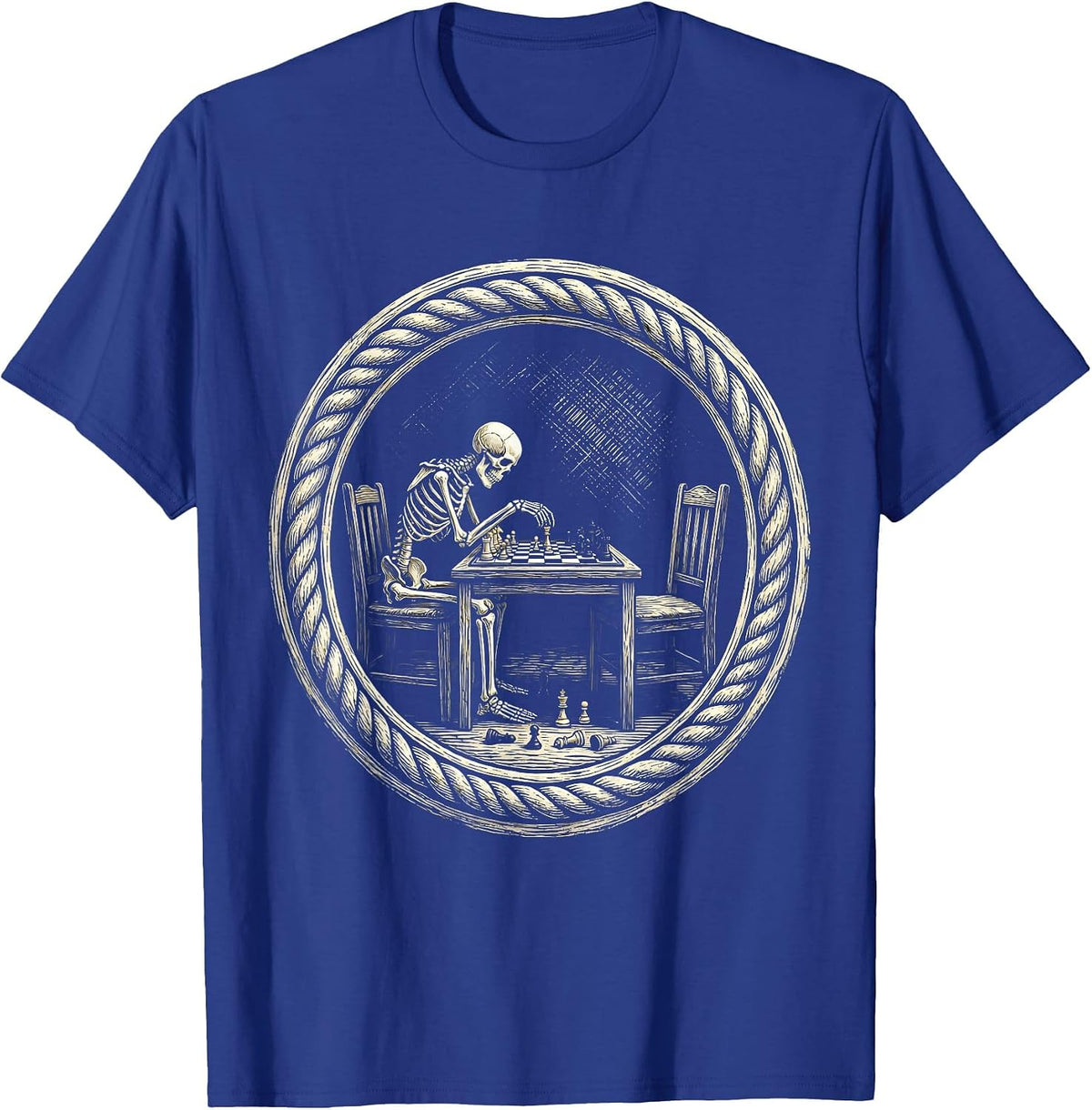 Skeleton Chess Player Waiting Opponent Funny Art T-Shirt - Royal Blue