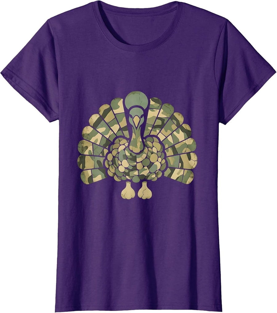 Camo Turkey Feather Fan Hunting Design T-Shirt, Women, Purple, X-Large - As Pictured