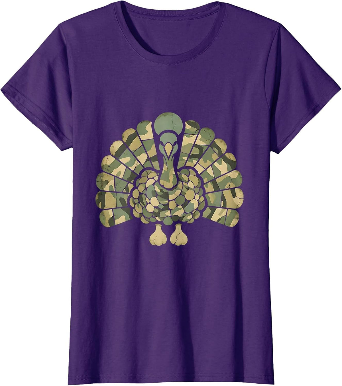 Camo Turkey Feather Fan Hunting Design T-Shirt, Women, Purple, Large - As Pictured