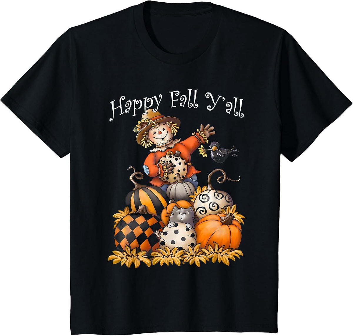 Scarecrow Happy Fall Y'all Pumpkin Thanksgiving Halloween T-Shirt - Black