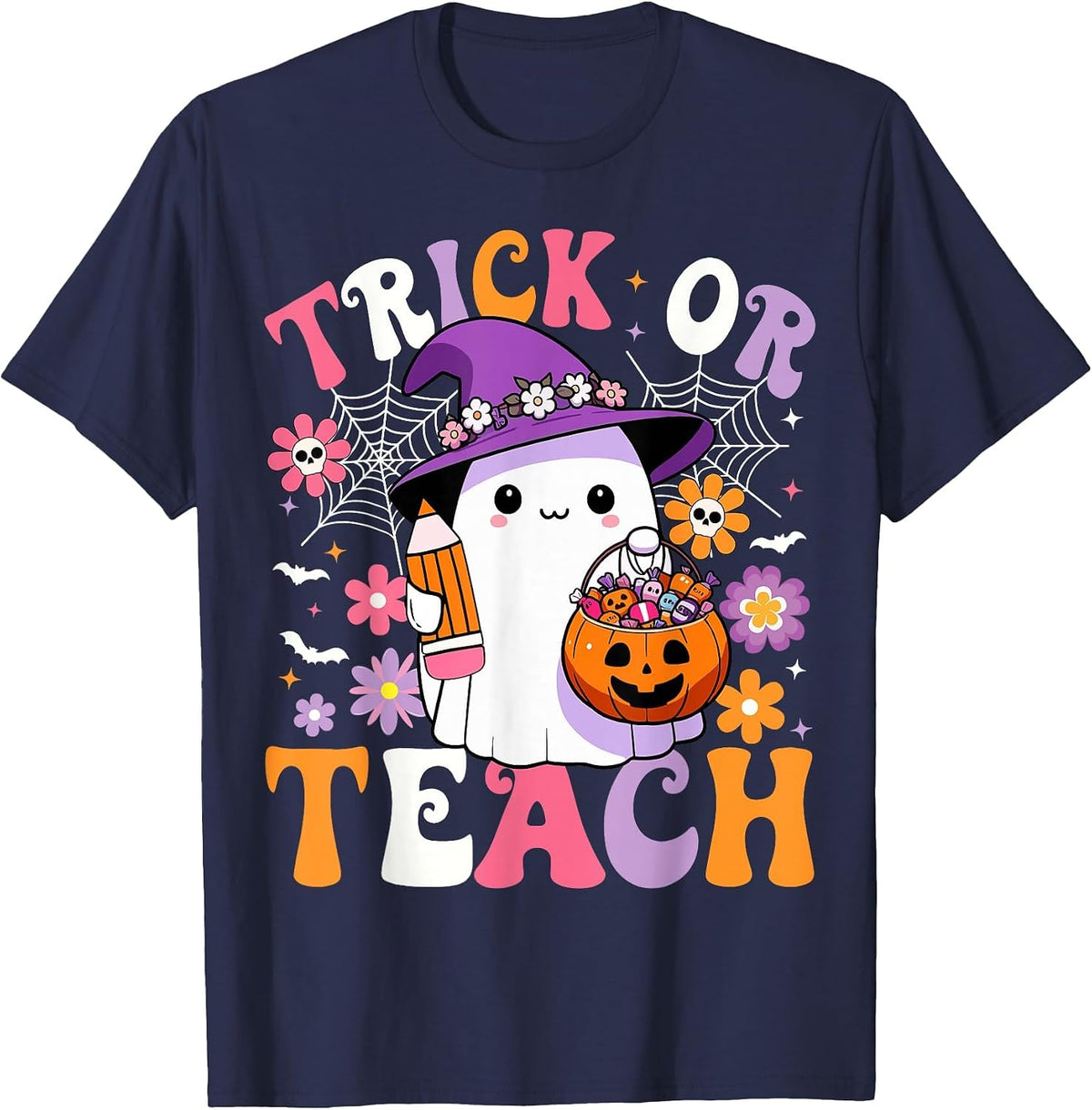 Trick Or Teach Groovy Teacher Ghost Funny Halloween Teacher T-Shirt - Navy Blue