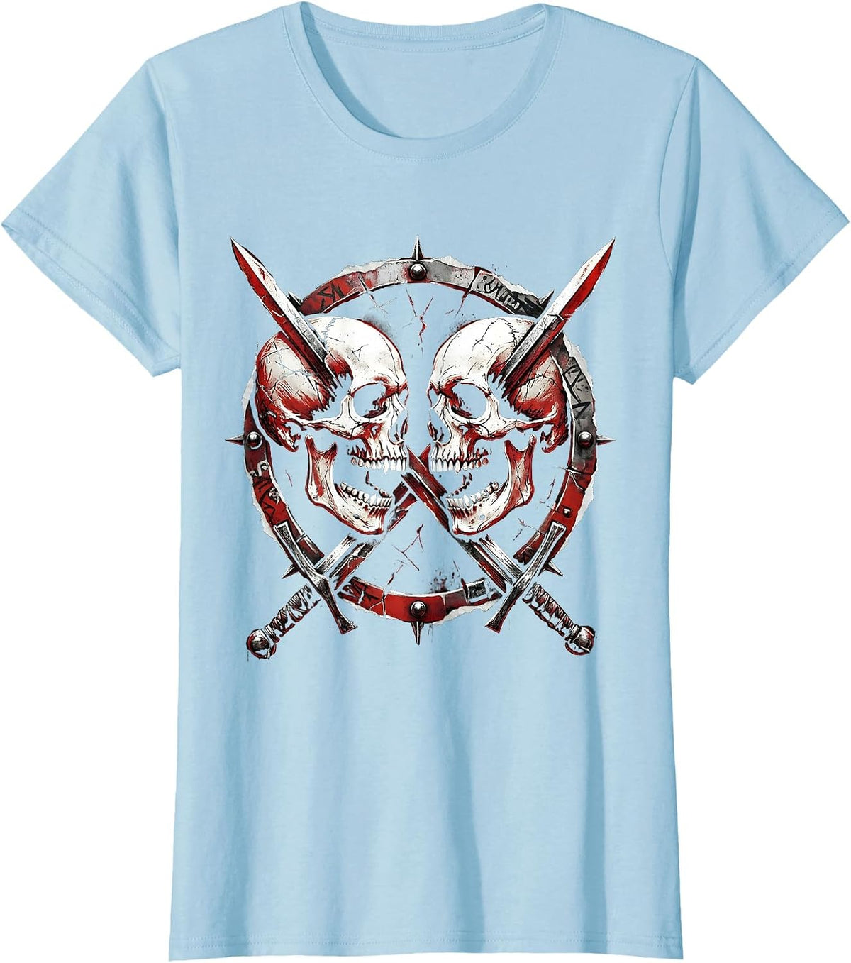 Dual Skulls Crossed Swords Death Metal Graphic T-Shirt - Baby Blue