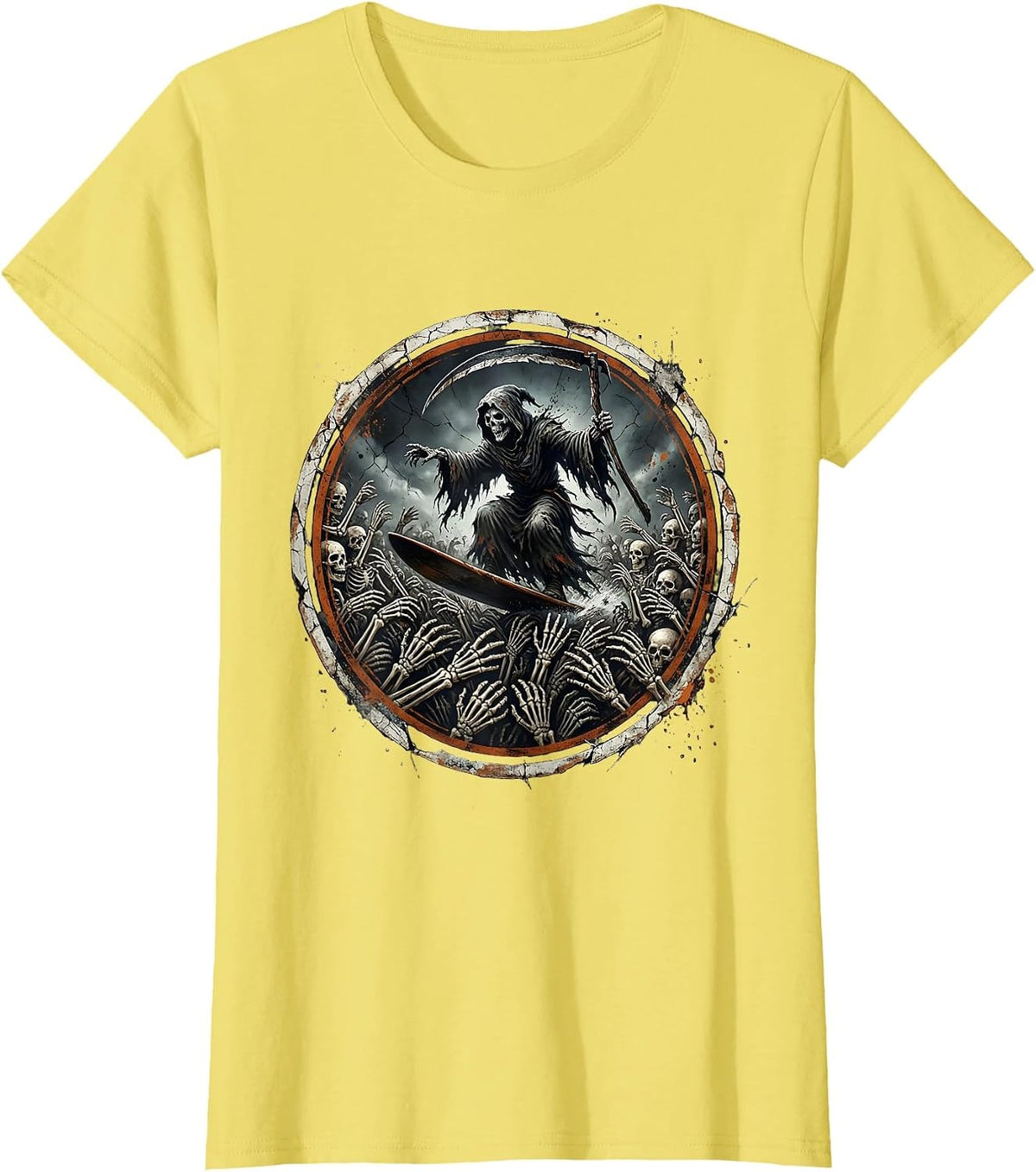 Grim Reaper Crowd Surfing Metal Concert Graphic T-Shirt - Lemon Yellow