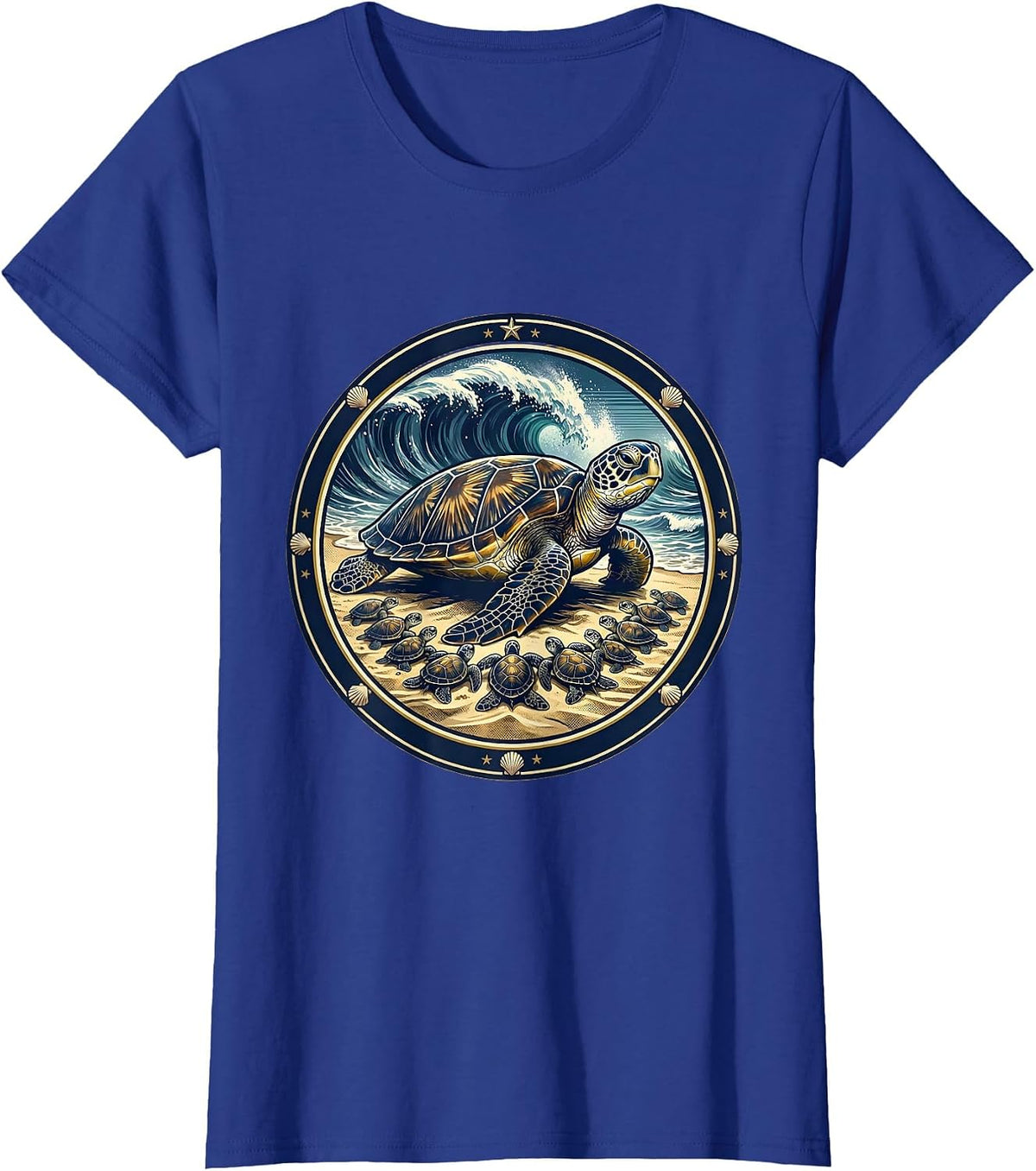 Women's Mama Turtle With Hatchlings on Beach Graphic T-Shirt - Royal Blue