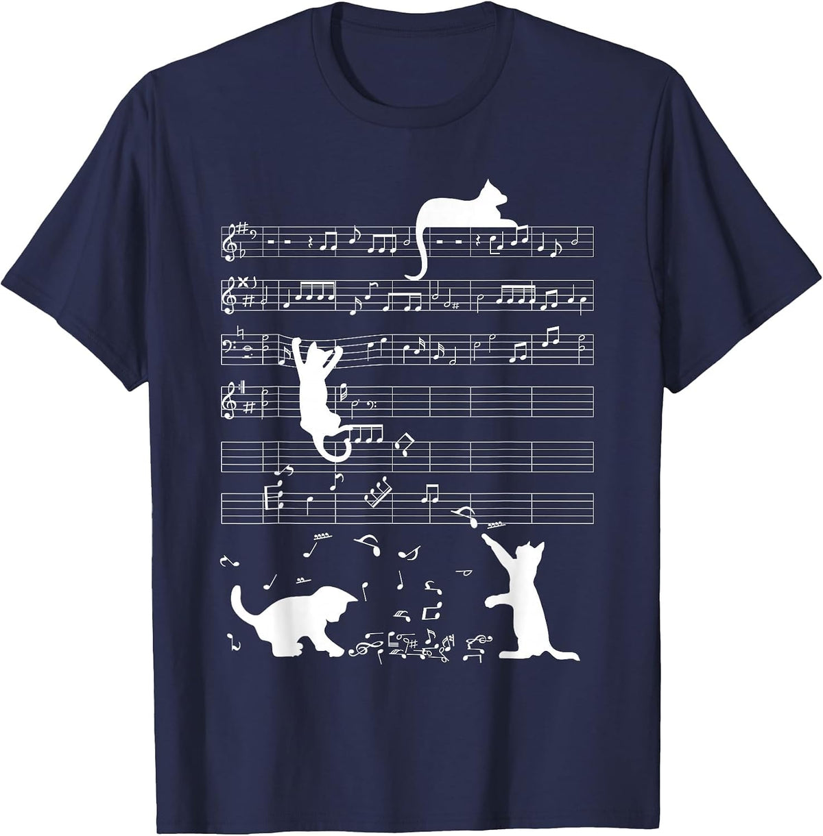 Cute Cat Kitty Playing Music Clef Piano Musician Art T-Shirt - Navy Blue