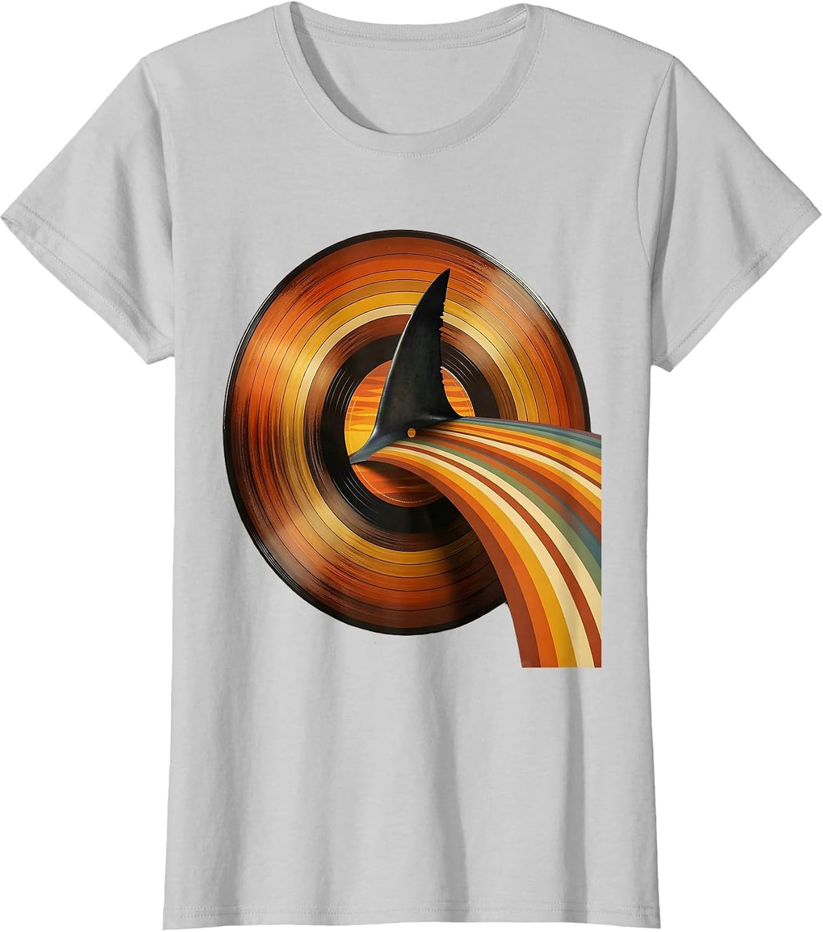 Women's Retro Shark Fin Vinyl Record Graphic Tee T-Shirt - Silver Grey