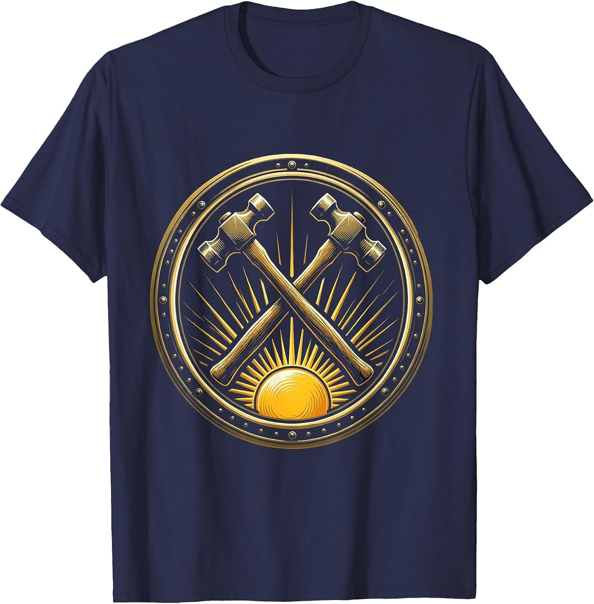 Labor Day Crossed Hammers Rising Sun Graphic T-Shirt - Navy Blue
