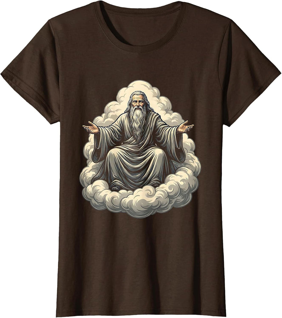 Women's Bearded Elder on Clouds Celestial Art Design T-Shirt - Brown