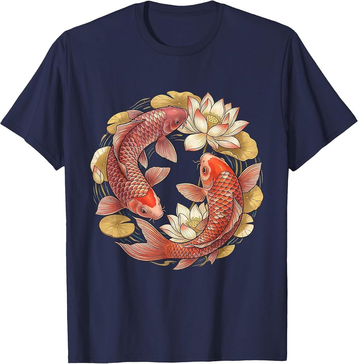 Koi Fish Pink Lotus Breast Cancer Awareness T-Shirt - Navy Blue