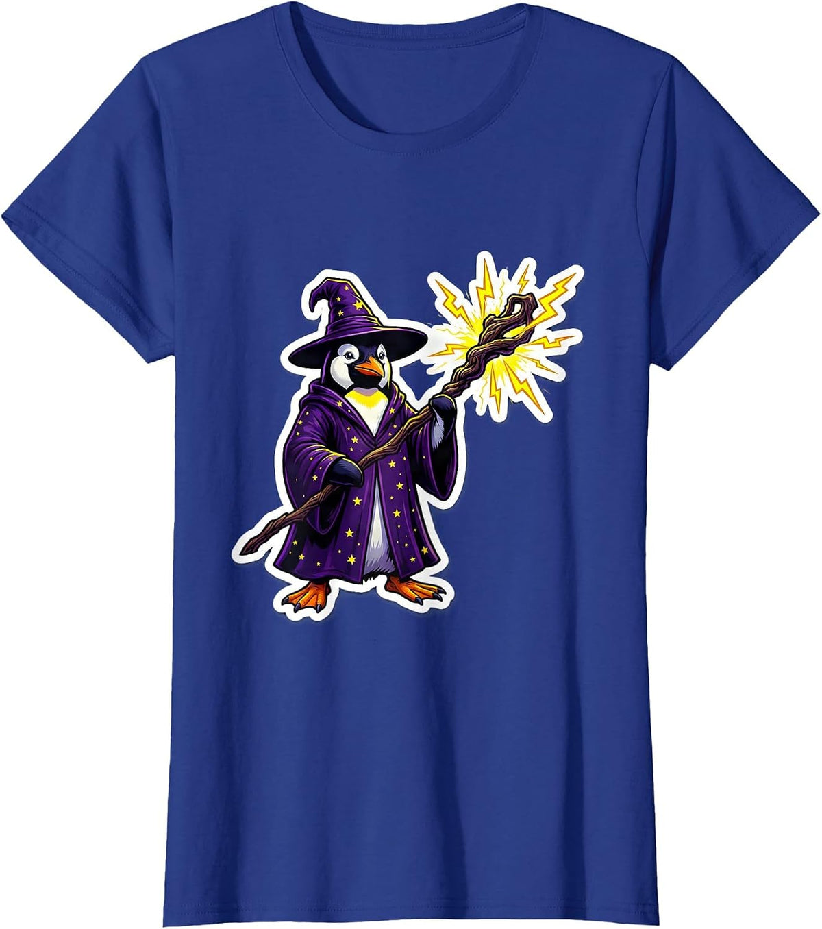 Women's Penguin Wizard Lightning Staff Fantasy Art T-Shirt - Royal Blue