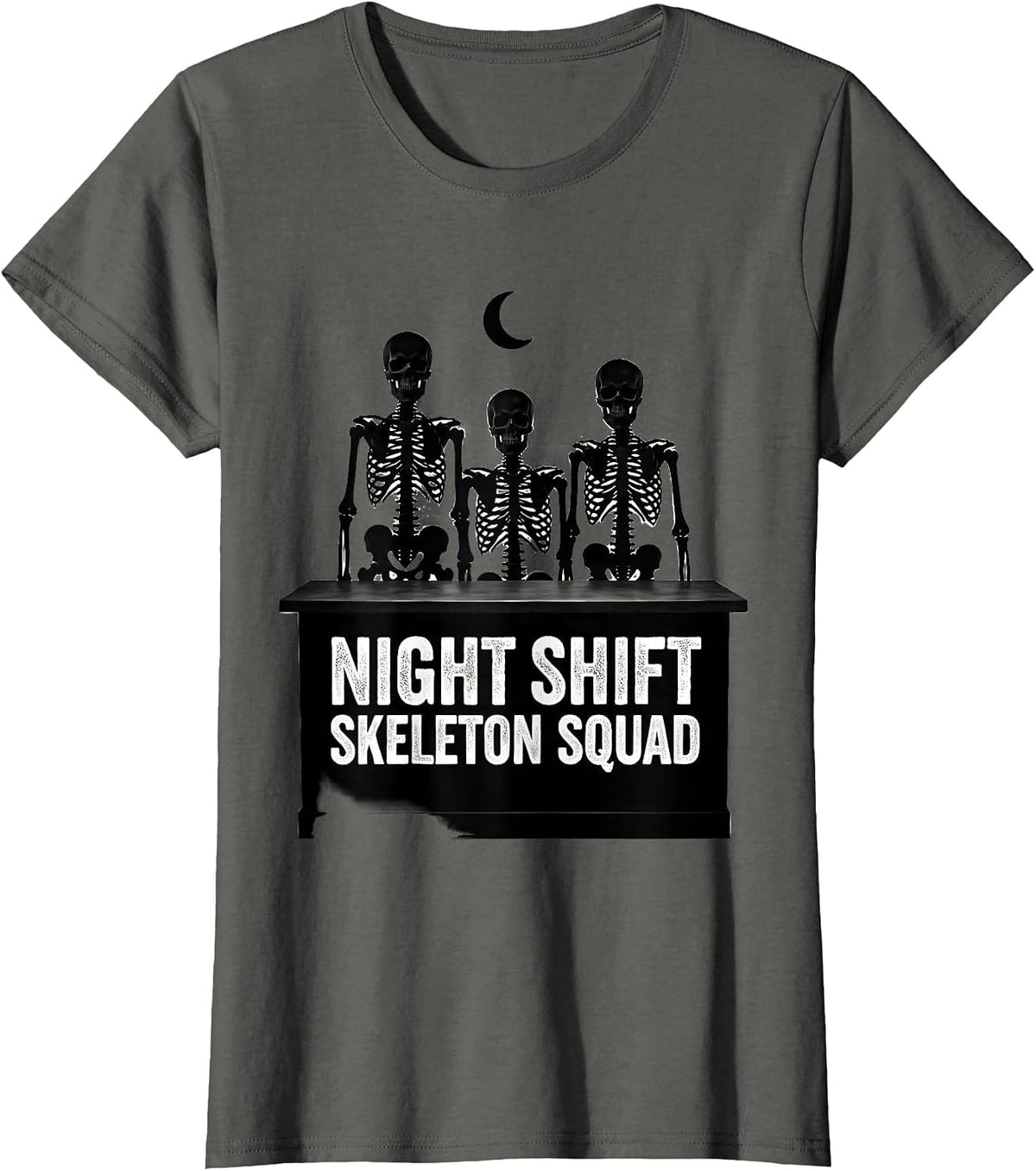 Women's Night Shift Skeleton Squad Funny Pharmacy Tech Halloween T-Shirt - Asphalt Grey