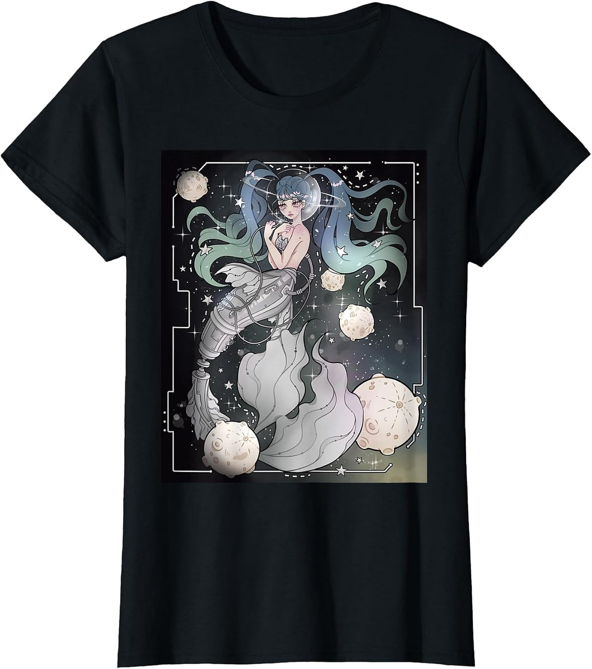 Steampunk Cyberpunk Graphic Mermaid in Space T-Shirt - Black
