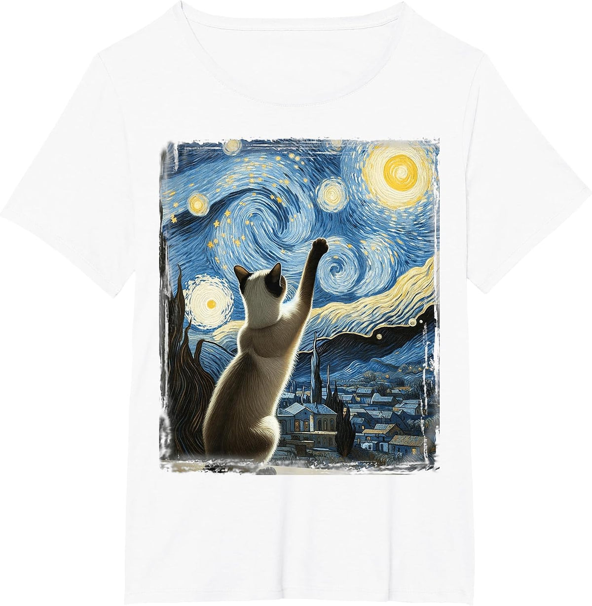 Van Gogh Starry Night Style Artistic Siamese Cat T-Shirt - White