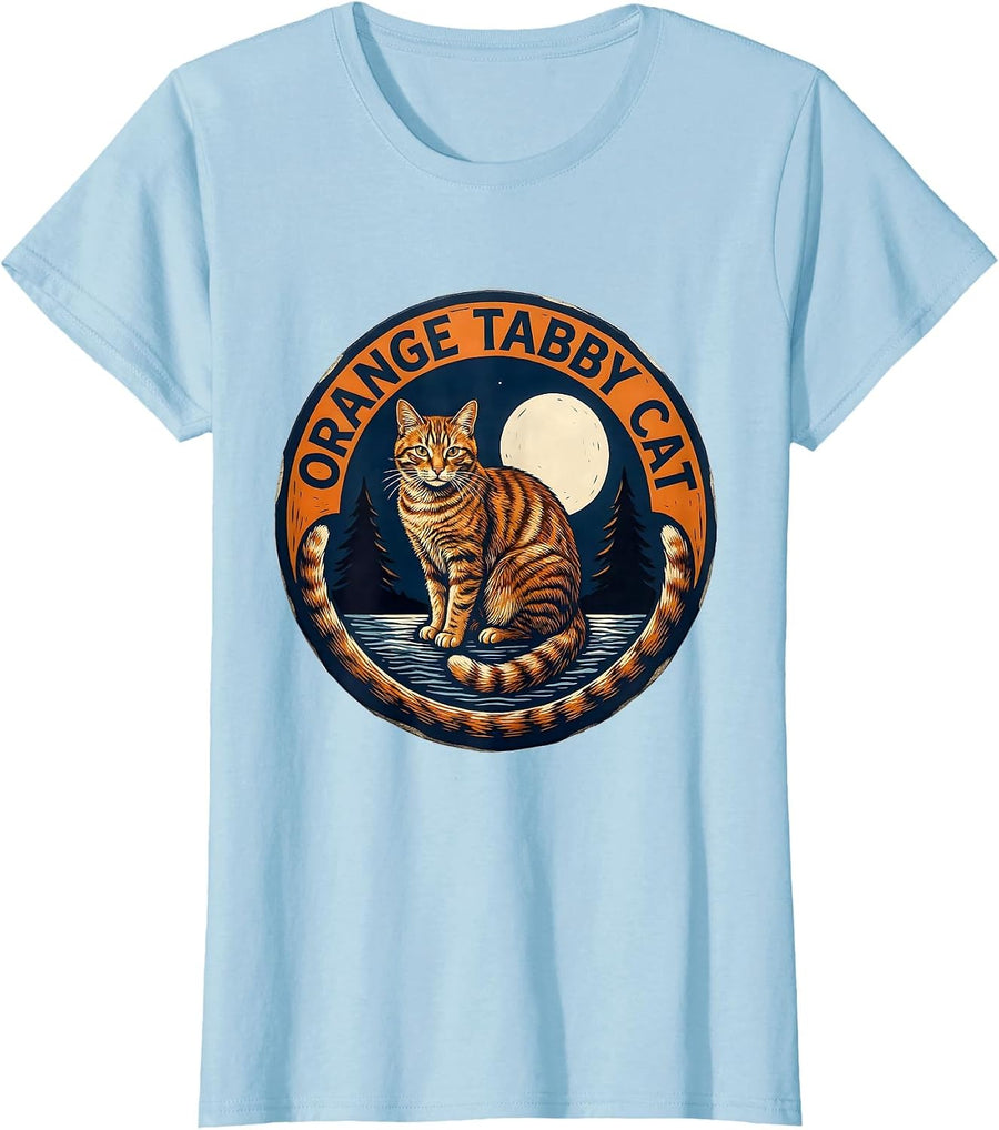 Women's Orange Tabby Cat Howling at Moon 90's Retro Linocut T-Shirt - Baby Blue